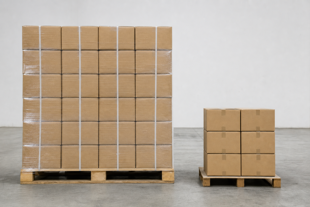 Large pallet of clothing cartons for sea freight next to a smaller pallet for air freight to show how shipment size affects the shipping method
