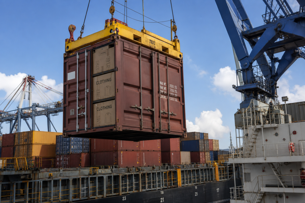 Container full of clothing cartons being loaded onto a container ship at a port to represent sea freight for large apparel orders