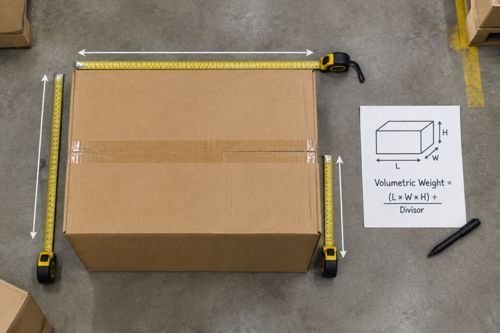Large shipping carton being measured with a tape measure to explain volumetric weight for air freight