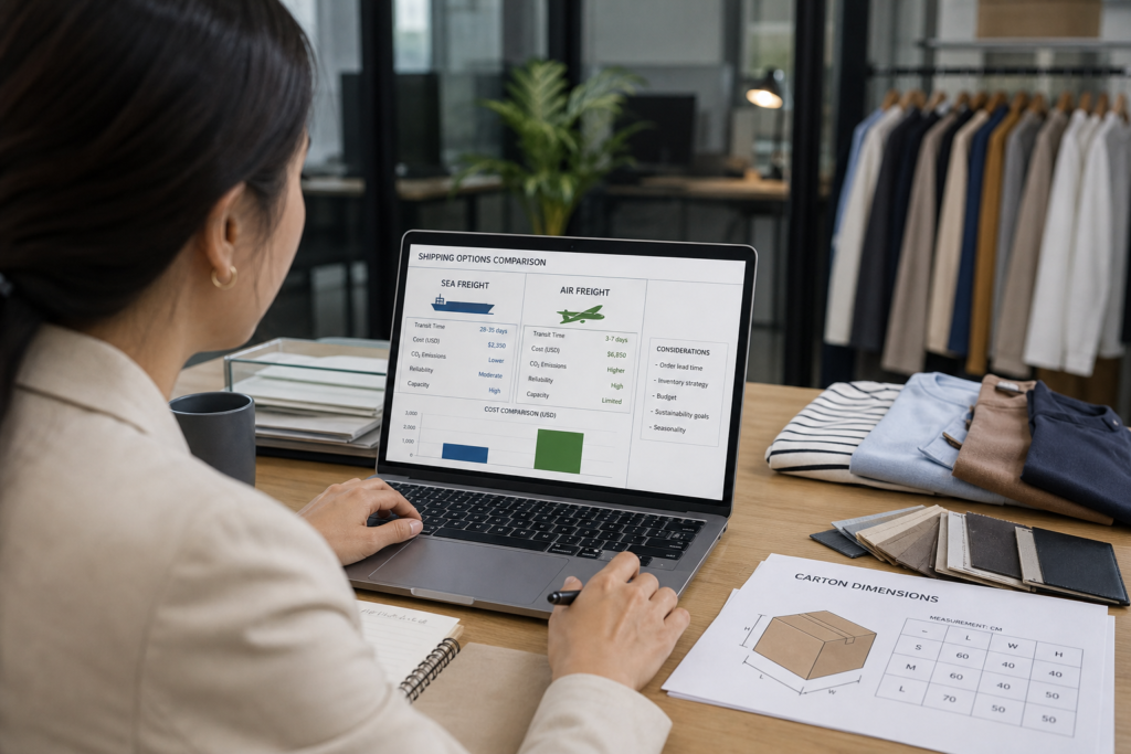 Apparel buyer analyzing sea freight and air freight options on a laptop with clothing samples and carton data on the desk


