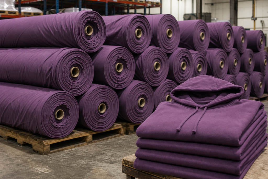 Large rolls of dyed fabric next to a small stack of hoodies to show how fabric and dyeing minimums affect low-MOQ orders
