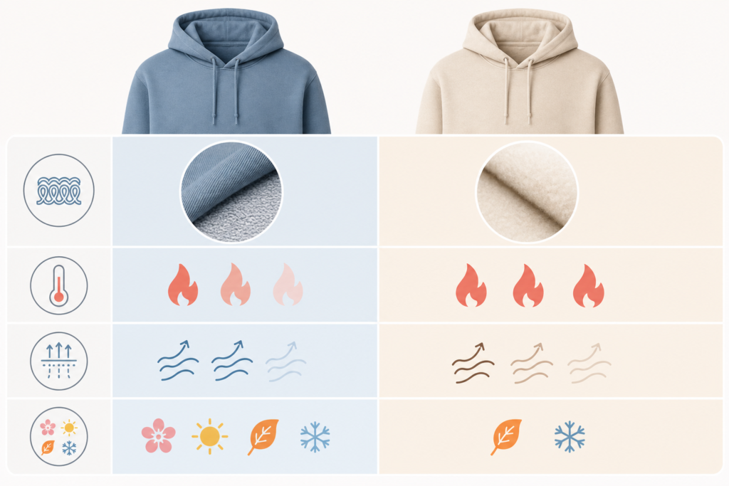 Simple infographic-style illustration comparing key features of French Terry and fleece hoodie fabrics such as inner surface, warmth, and breathability