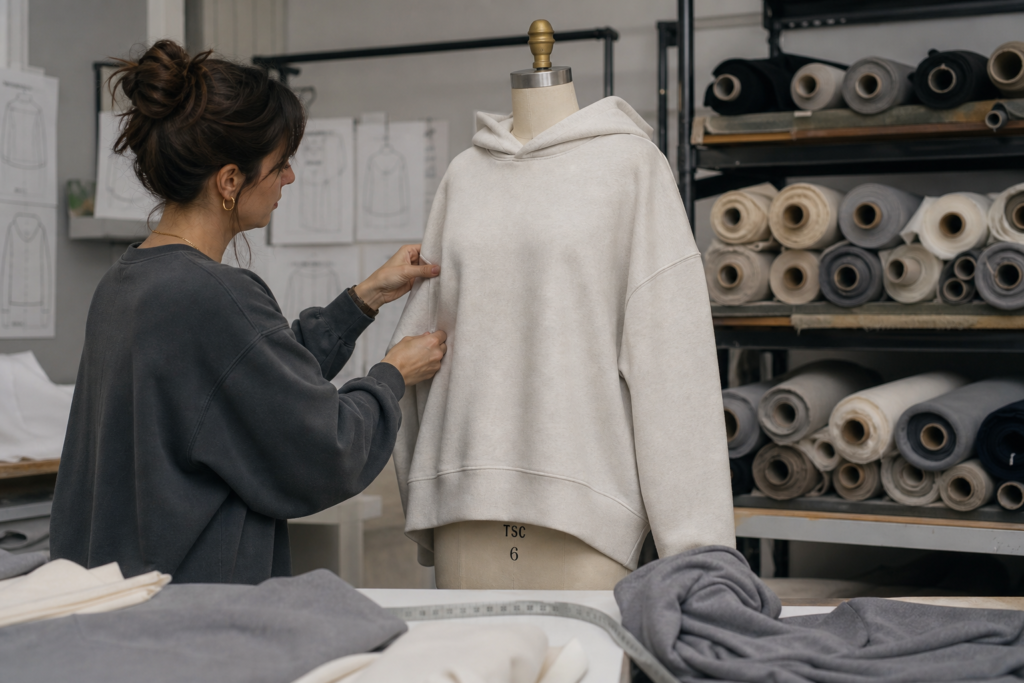 Designer working on a boxy heavyweight hoodie pattern with French Terry and fleece fabric rolls in the background